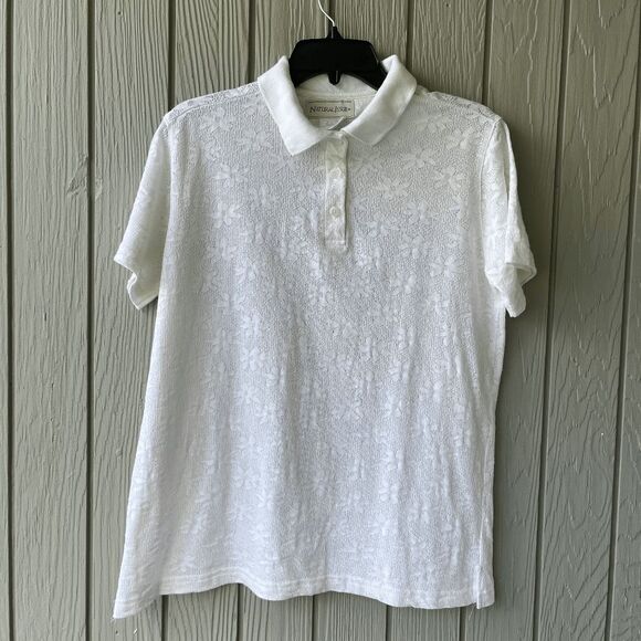 VTG 80s 90s Natural Issue White Daisy Jacquard Polo Shirt Semi Sheer L - Picture 7 of 7
